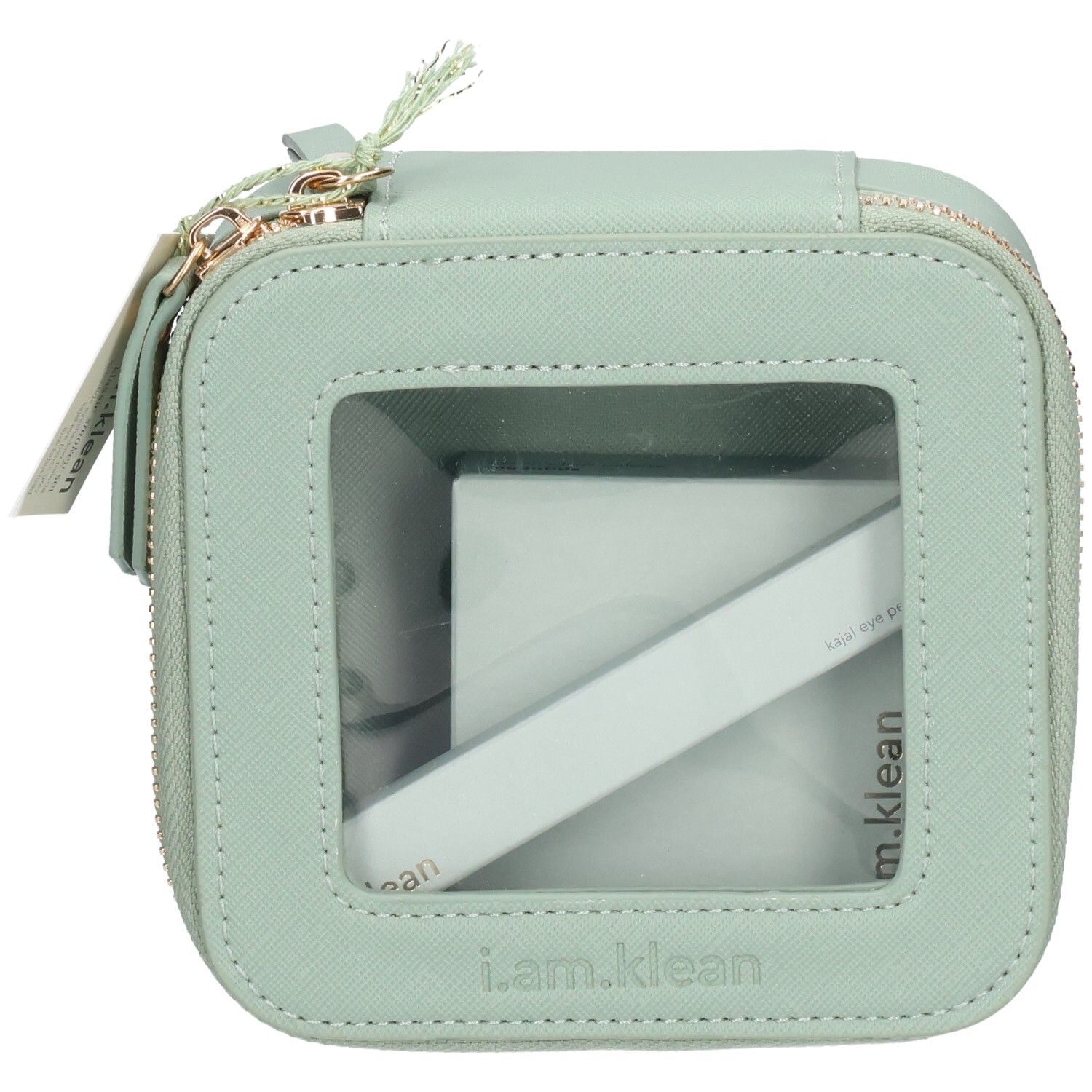 Trousse de toilette verte avec fenêtre transparente, fermeture éclair et logo. Contient un produit blanc.
