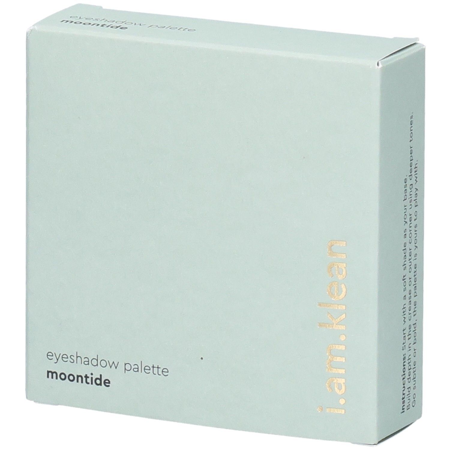 Lichtgroene verpakking. Opschrift: i.am.klean, Eyeshadow Palette Moontide. Gouden tekst.