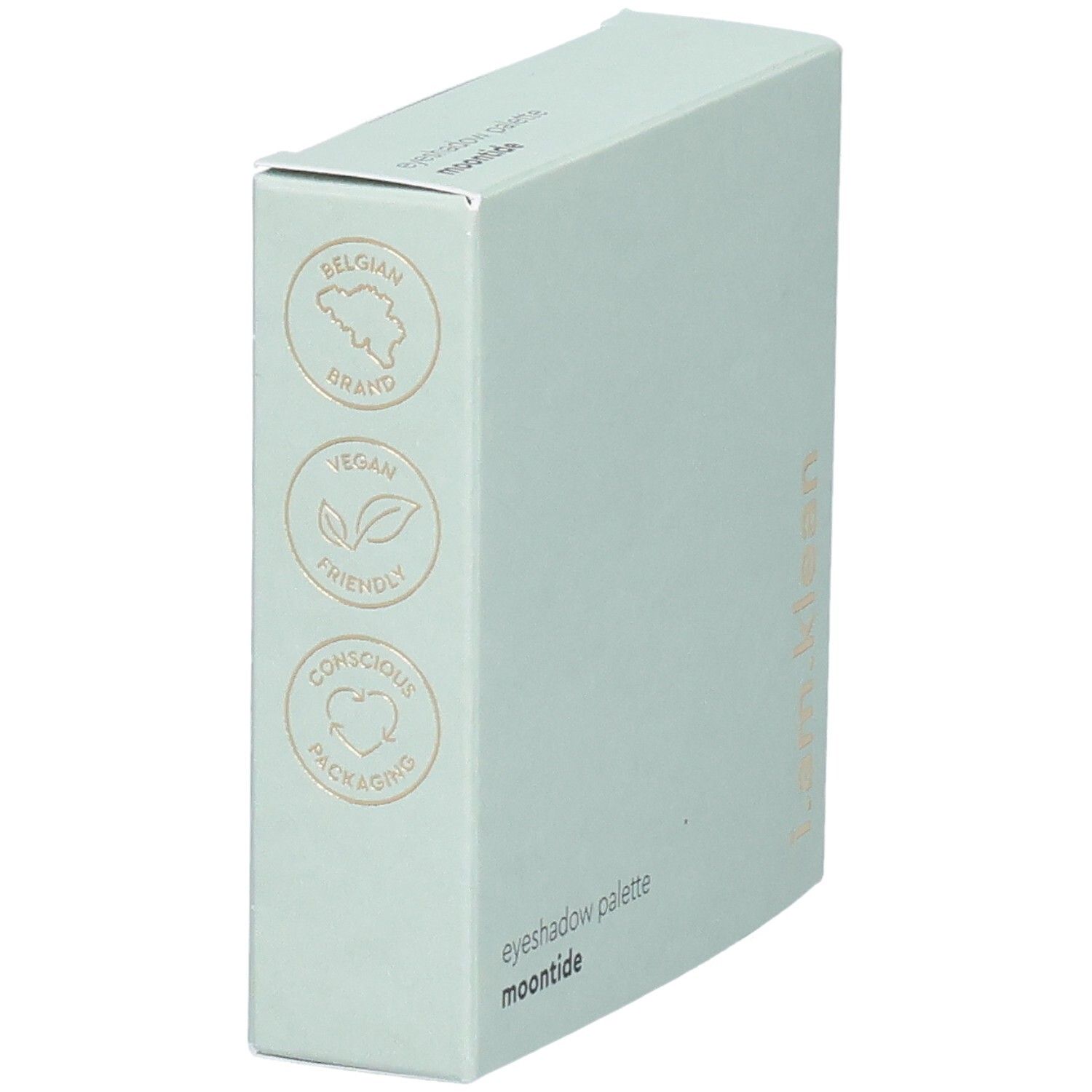Lichtgroene verpakking. Logo's: Belgian Brand, Vegan Friendly, Conscious Packaging. Gouden logo's.