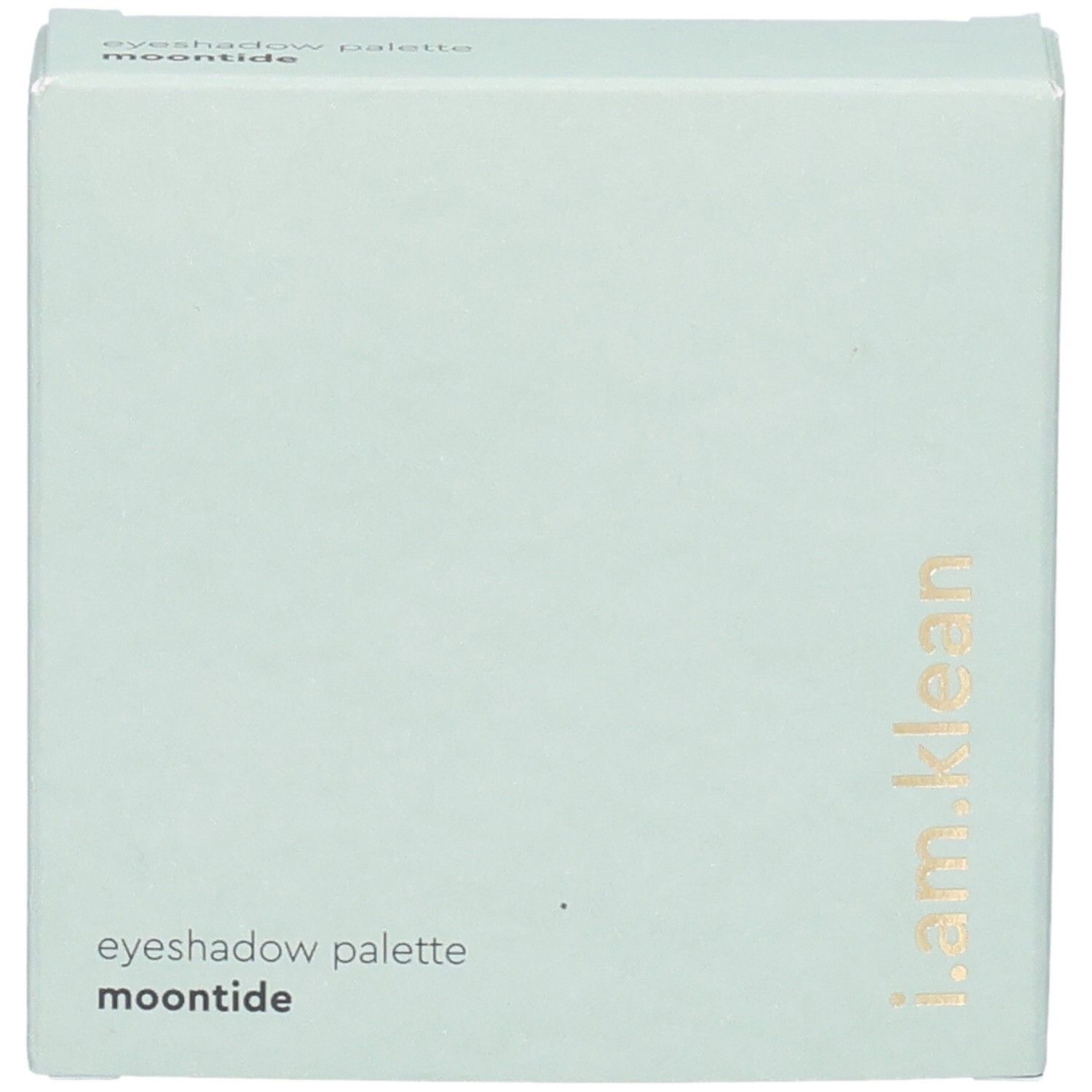 Lichtgroene verpakking. Opschrift: i.am.klean, Eyeshadow Palette Moontide. Gouden tekst.