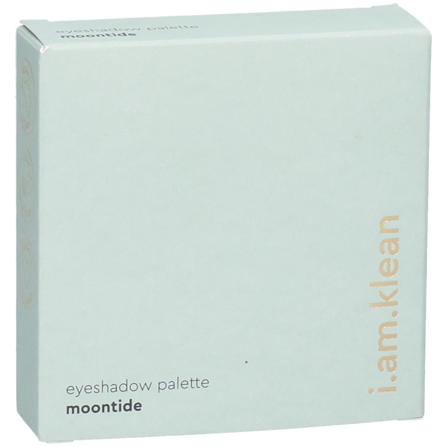 Lichtgroene verpakking. Opschrift: i.am.klean, Eyeshadow Palette Moontide. Gouden tekst.