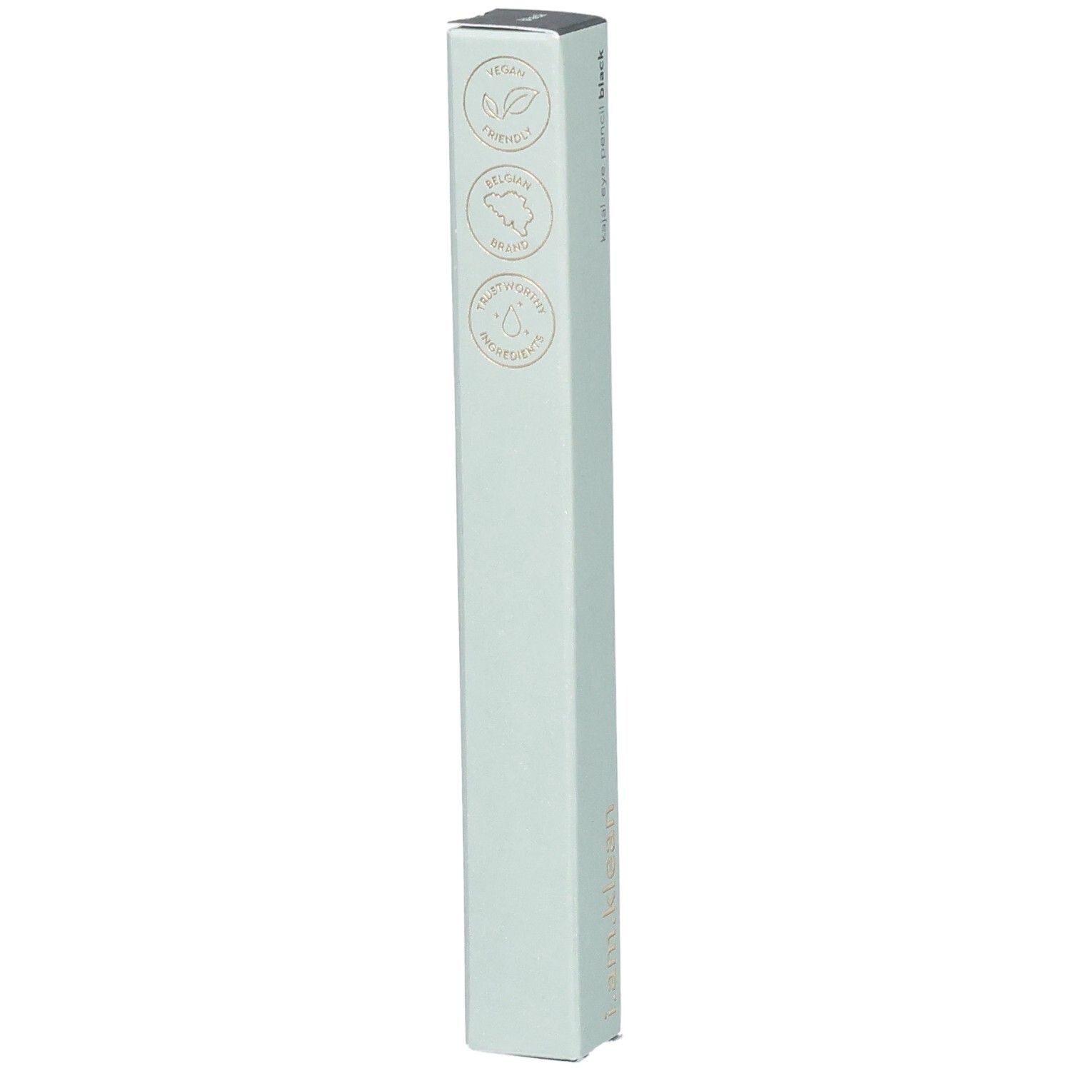 Verpakking Kajal Eye Pencil Black. Lichtgroene doos met logo's: Vegan, Cruelty Free, Plastic Free. Merk i.am.klean.