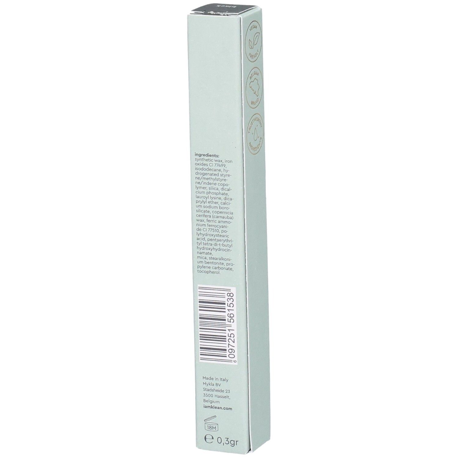 Achterkant van de Kajal Eye Pencil Black verpakking. Ingrediënten, barcode, adres, gewicht 0,3gr. Merk i.am.klean.