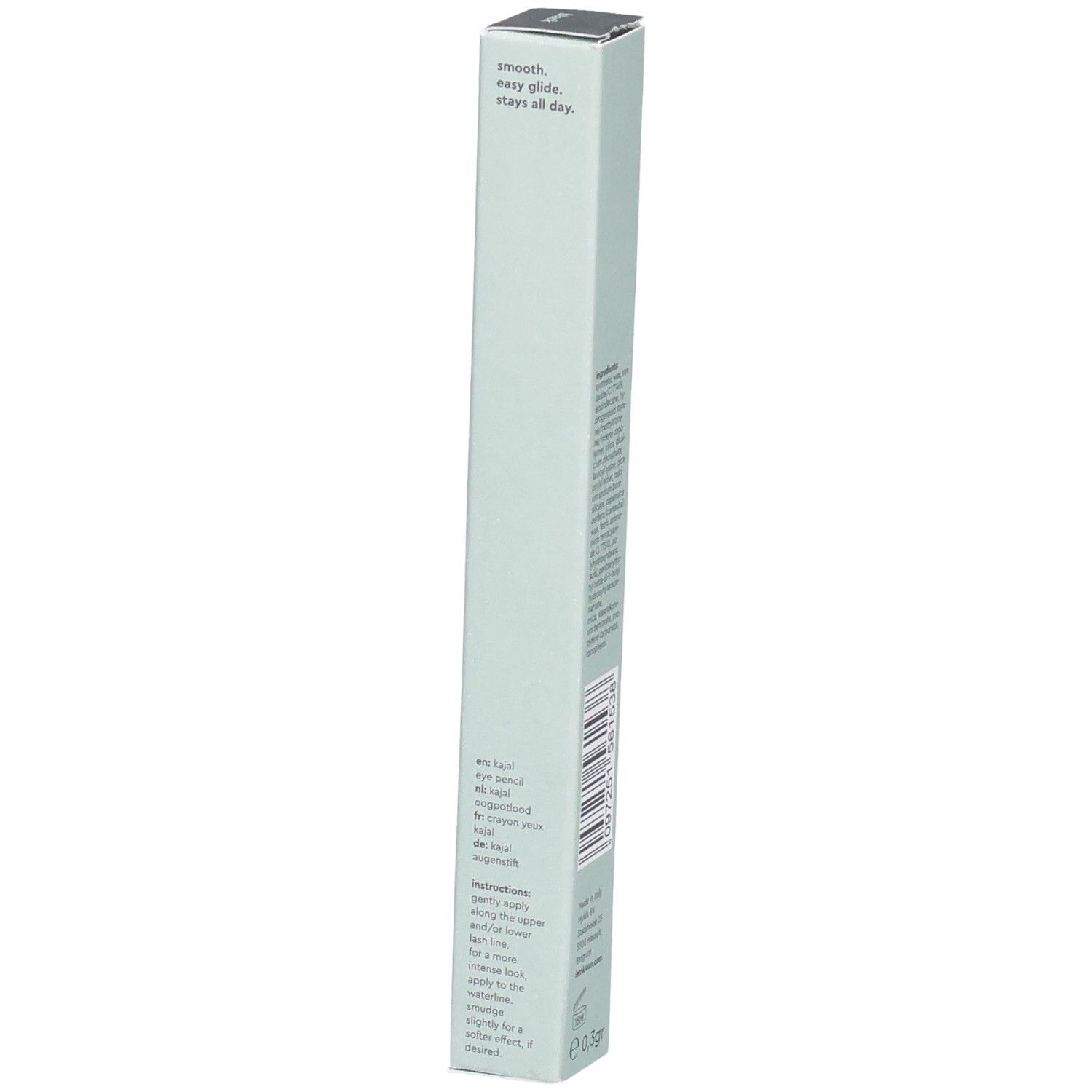 Kajal Eye Pencil Black verpakking. Tekst: smooth, easy glide, stays all day. Merk i.am.klean. Lichtgroene doos.