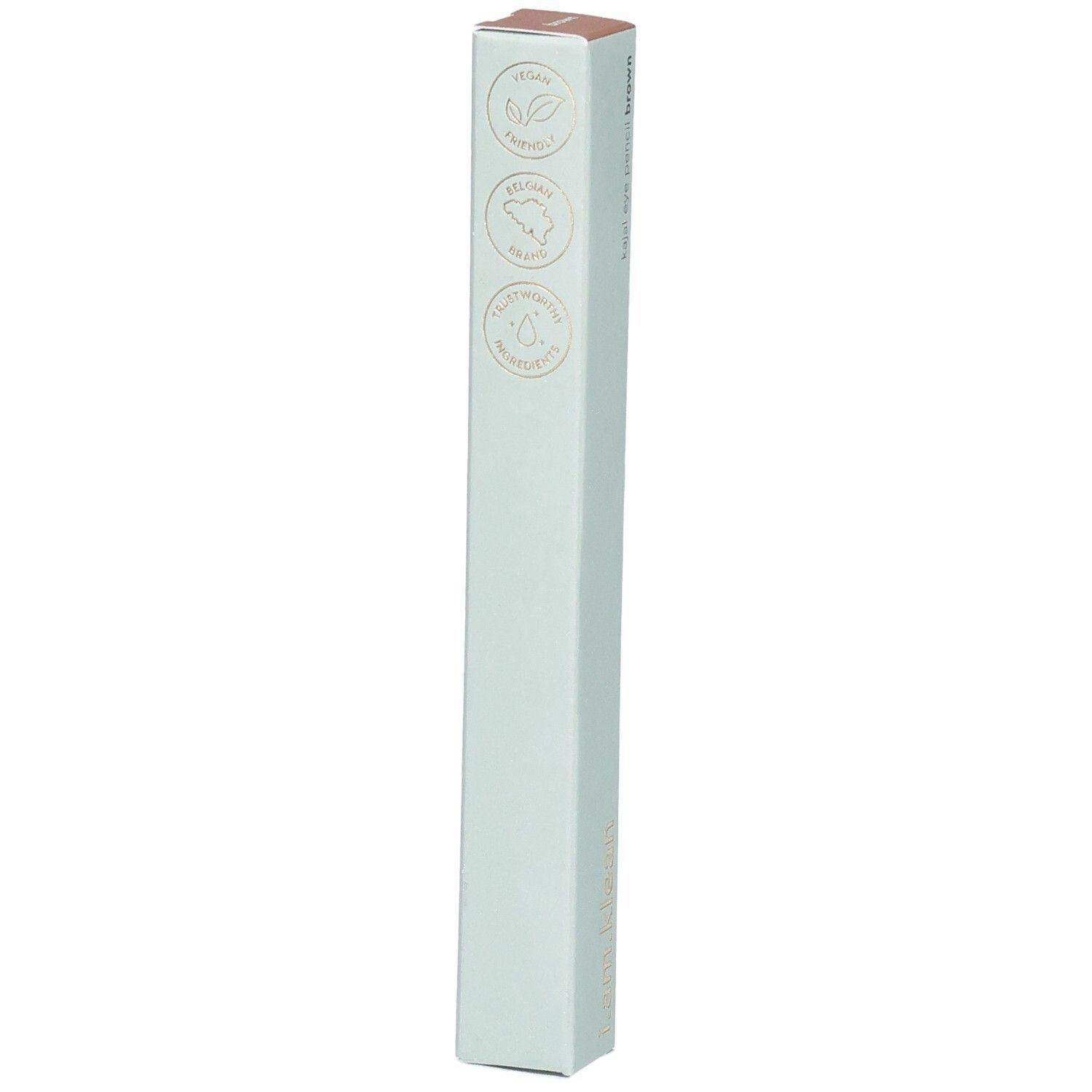 Emballage Kajal Eye Pencil Brown avec logos. Vegan, sans cruauté, résistant à l'eau. Boîte verte claire avec couvercle marron.