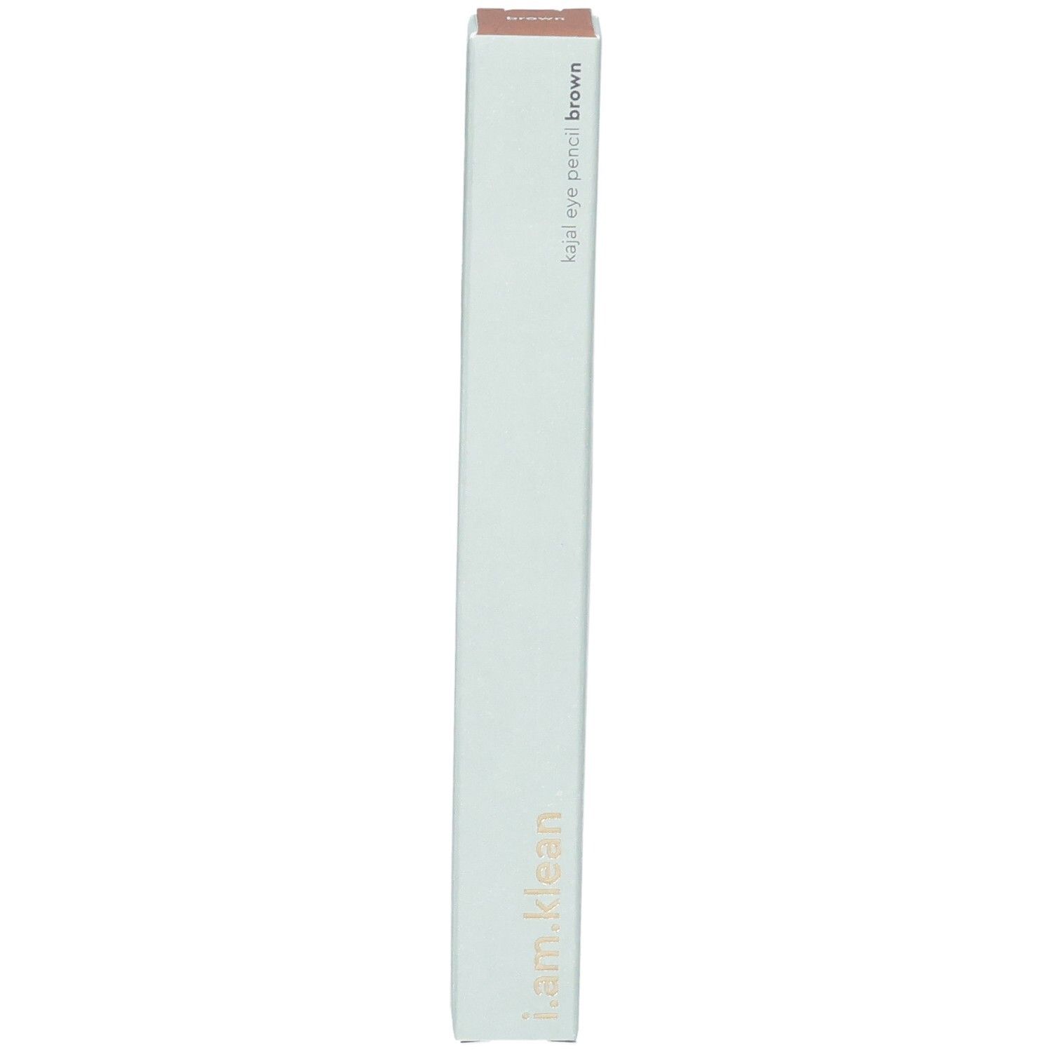 Emballage Kajal Eye Pencil Brown. Marque i.am.klean. Boîte verte claire avec couvercle marron. Nom du produit et marque visibles.