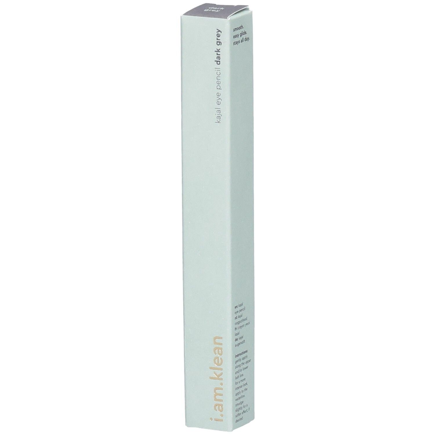 Kajal Eye Pencil Dark Grey Moontide in lichtgroene verpakking. Merk i.am.klean. Slanke, rechthoekige vorm.