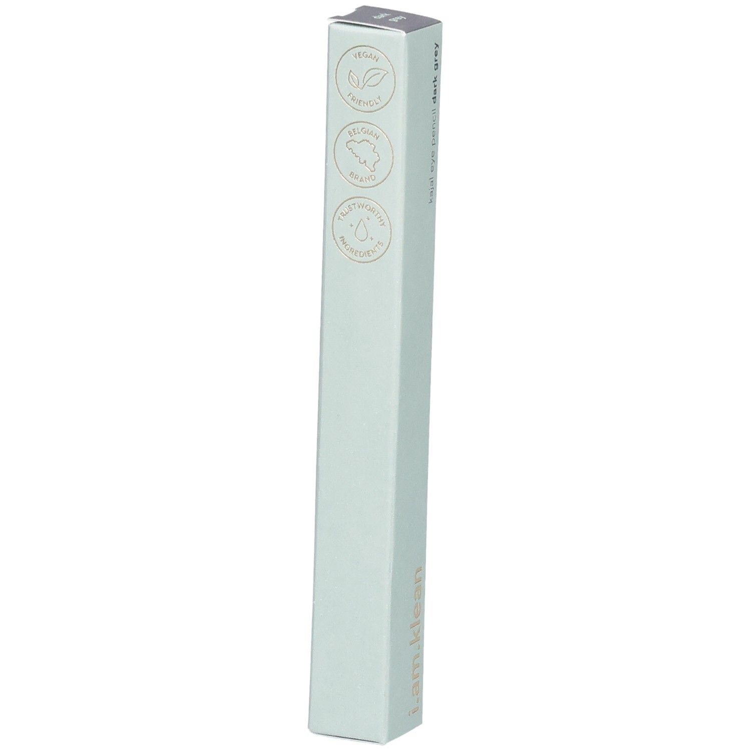 Lichtgroene verpakking met logo's: Vegan, Cruelty Free, Cosmos Natural. Kajal Eye Pencil Dark Grey Moontide.