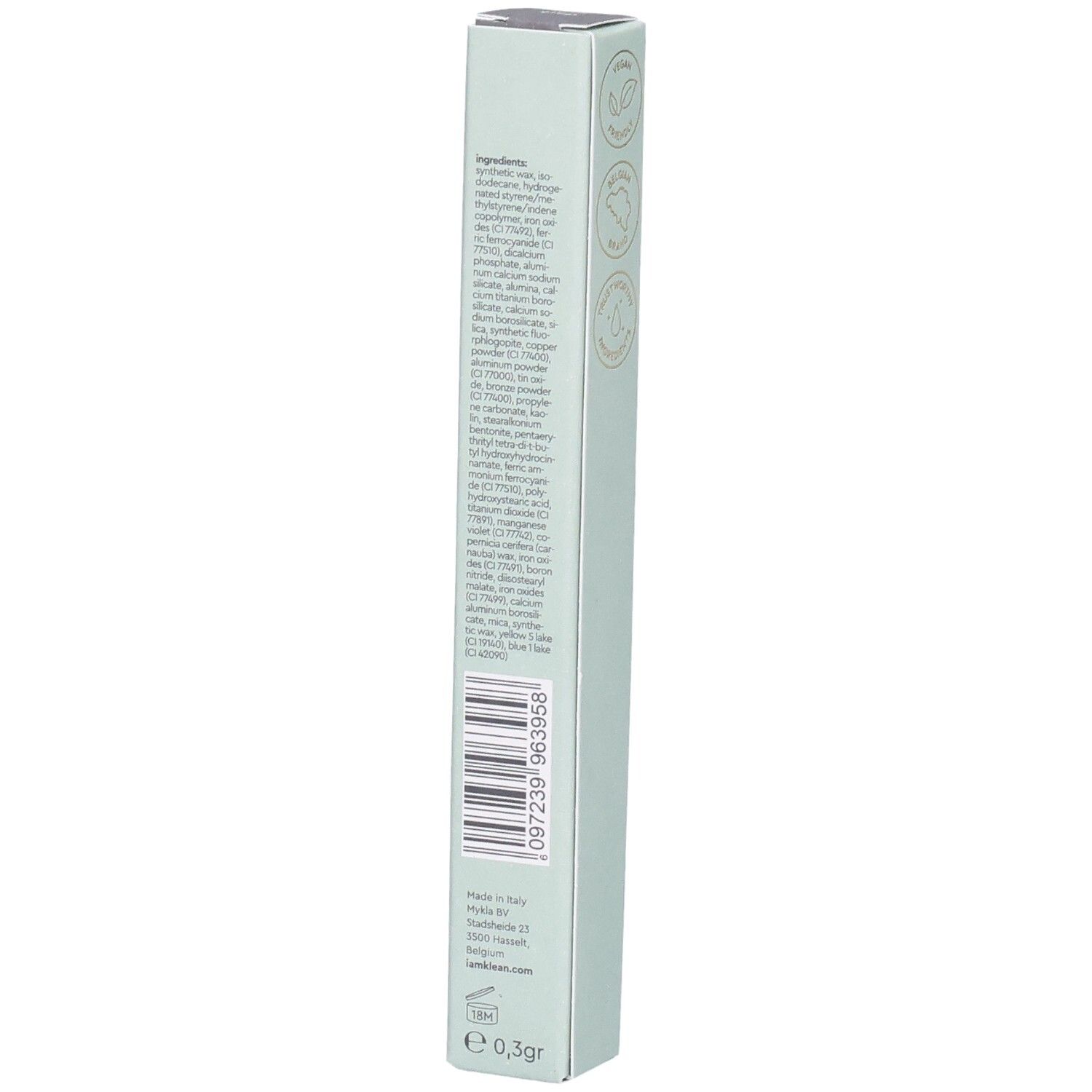 Achterkant van de verpakking met ingrediënten, barcode en productie-informatie. Kajal Eye Pencil Dark Grey Moontide.
