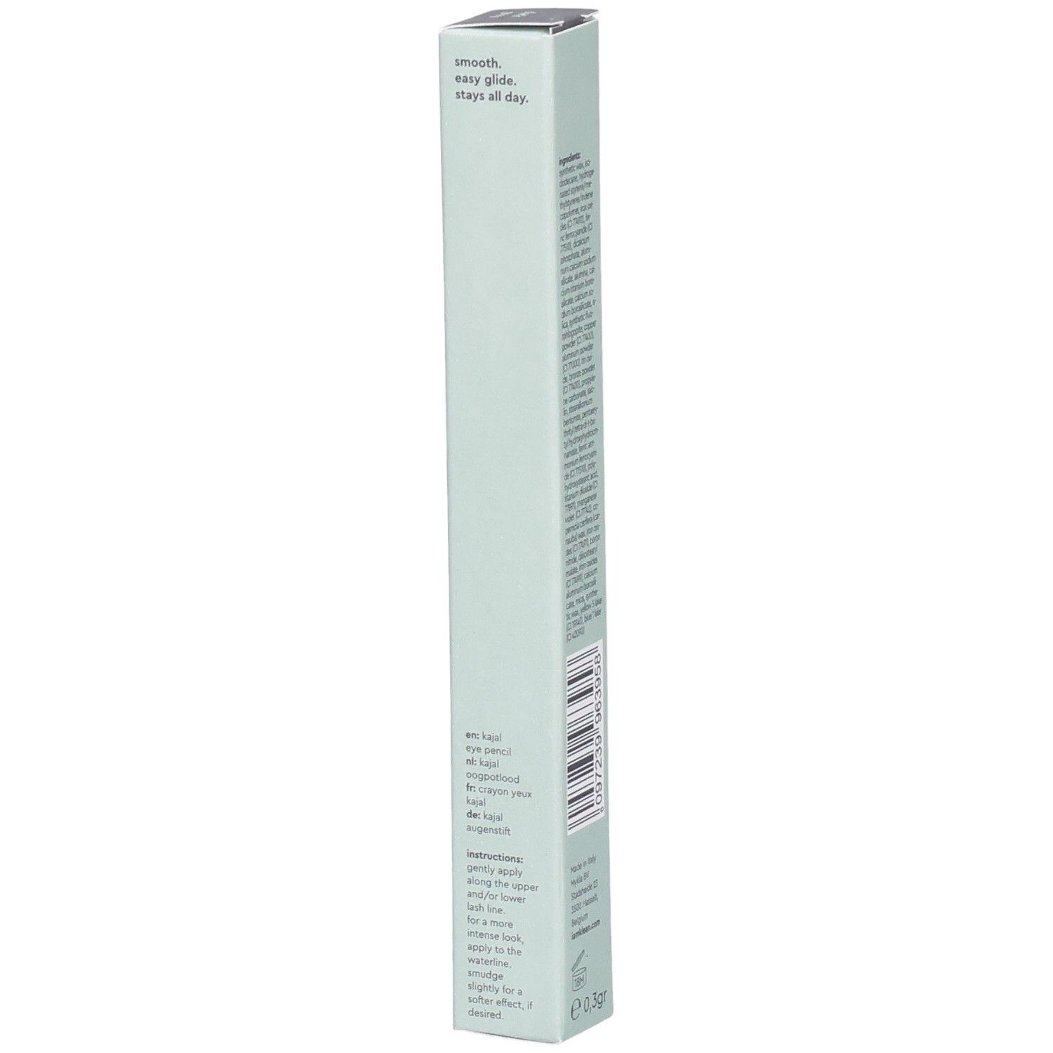 Verpakking met instructies: 'smooth, easy glide, stays all day'. Kajal Eye Pencil Dark Grey Moontide.