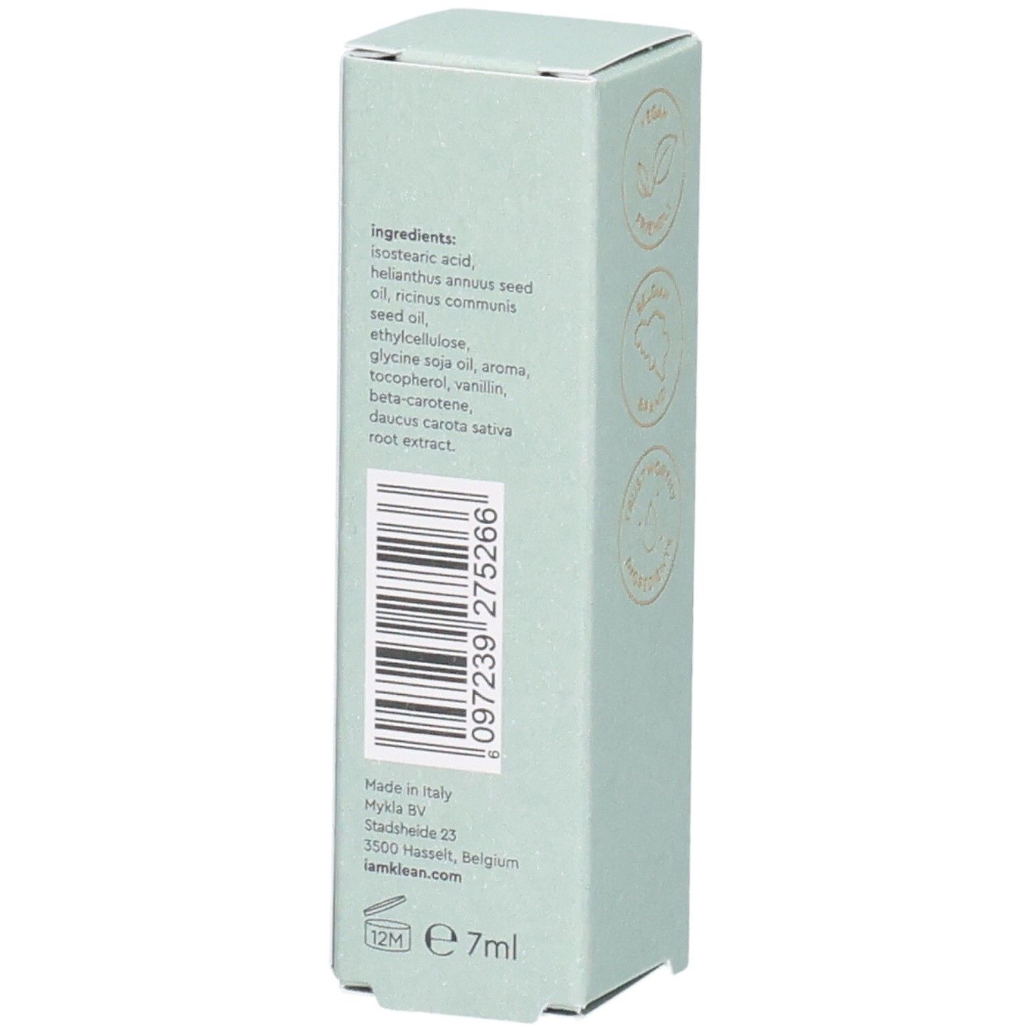 Lichtgroene doos. Ingrediënten, barcode, Made in Italy, e 7ml. Opschrift: i.am.klean.