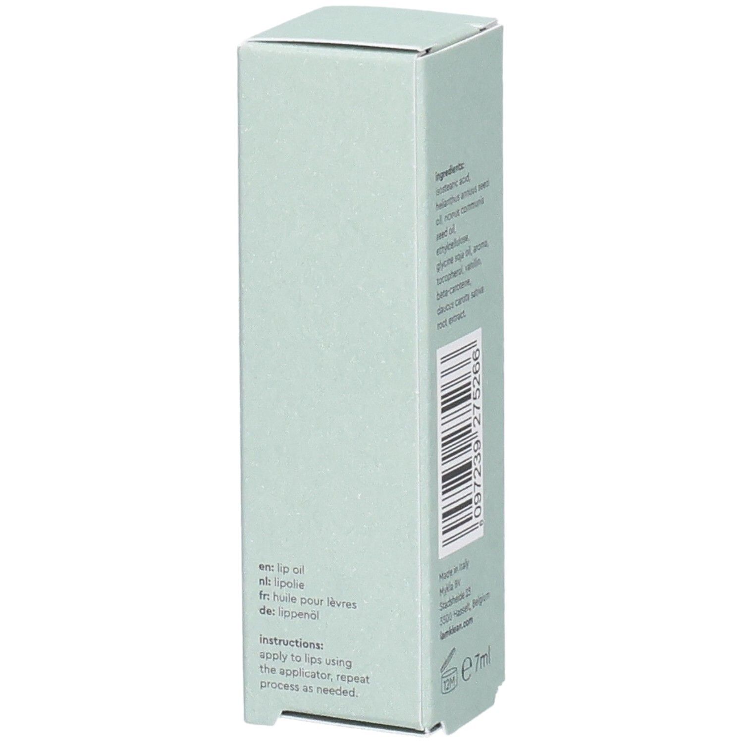Lichtgroene doos. Tekst: en lip oil, fr huile pour lèvres, de lippenöl. Tekst: instructies, e 7ml.