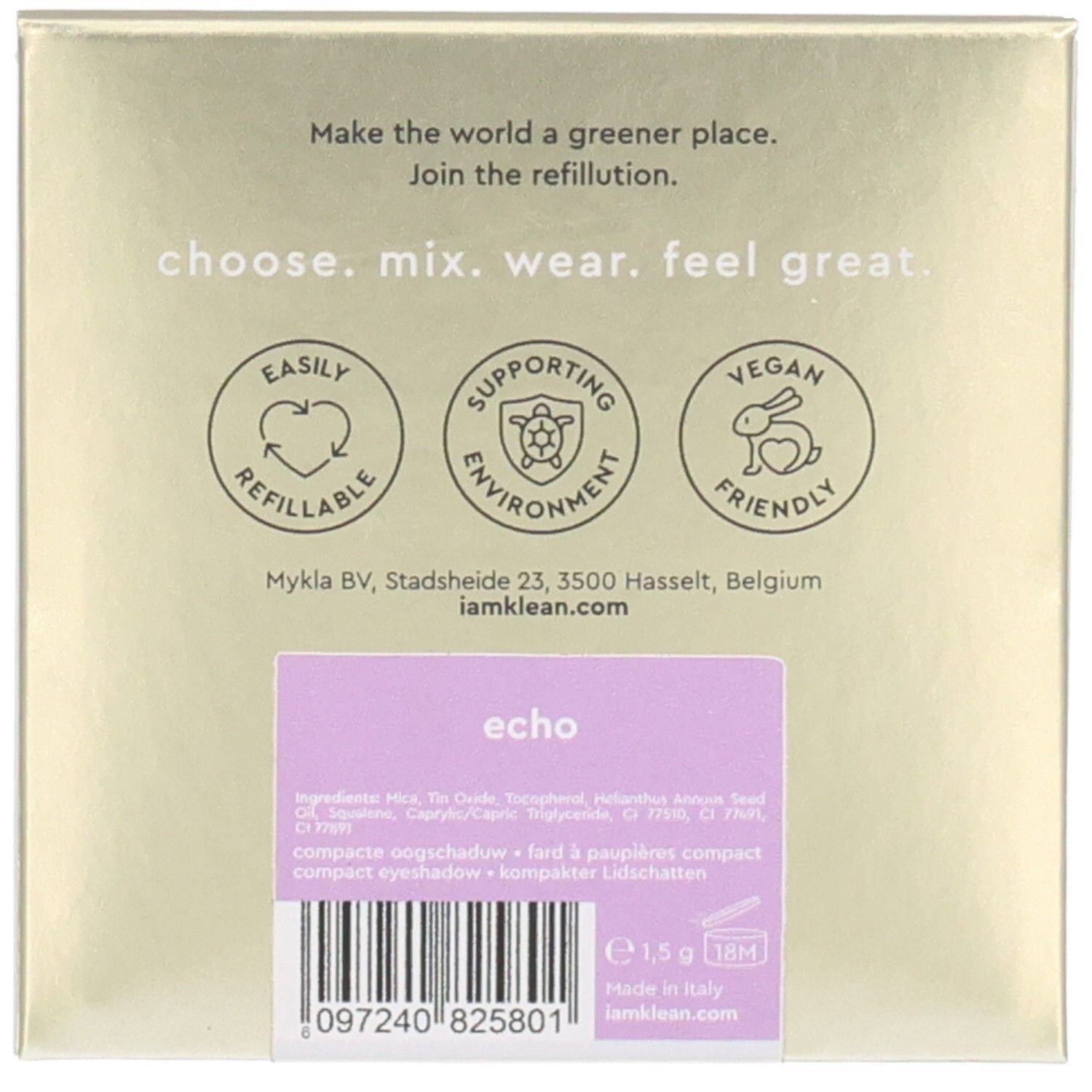 Dos de l'emballage du fard à paupières. Texte : 'choose. mix. wear. feel great.' Avec logos rechargeables, environnement et vegan.