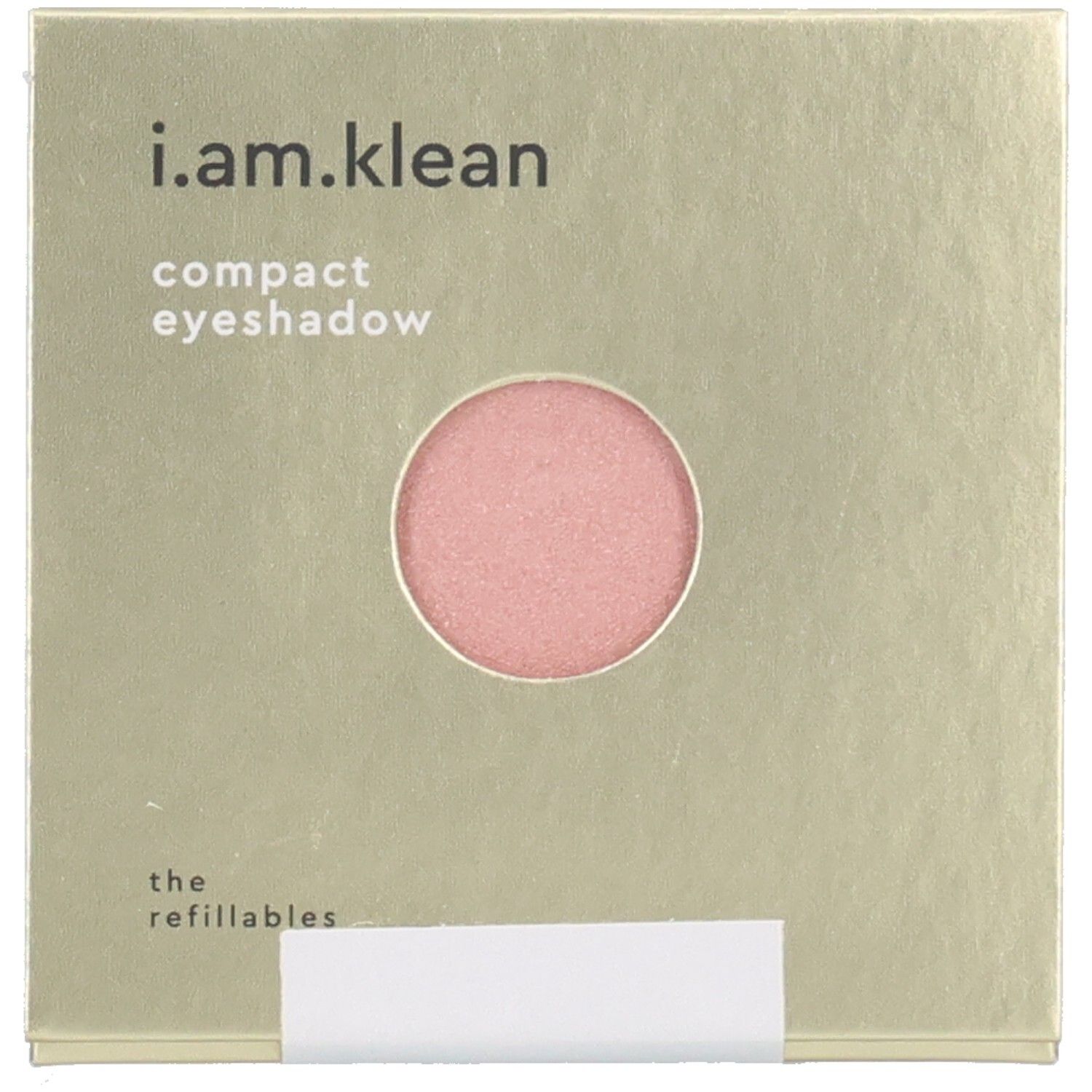 Roze compacte oogschaduw. Op gouden verpakking staat "i.am.klean compact eyeshadow".