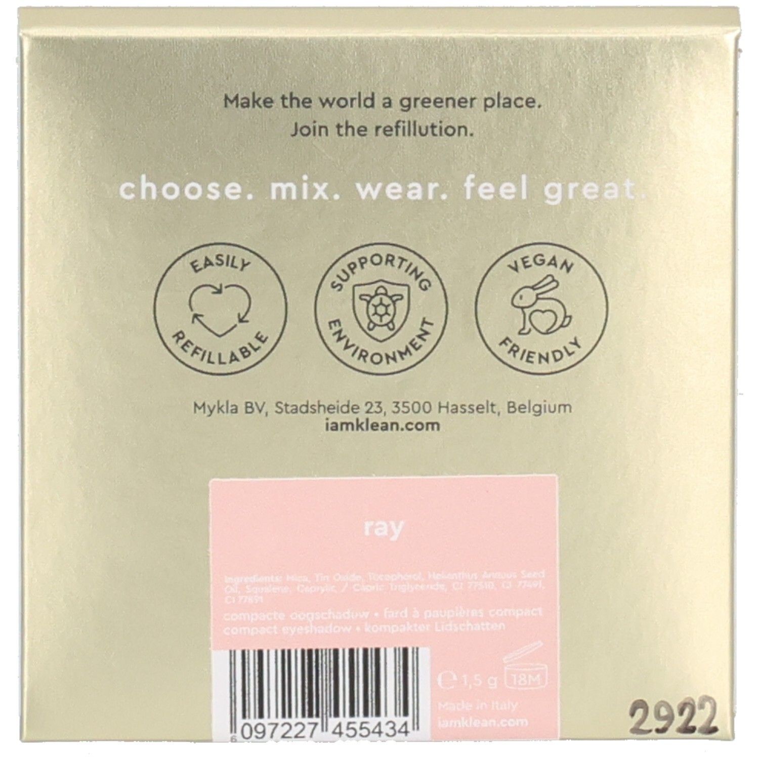 Achterkant verpakking. Tekst: "choose. mix. wear. feel great". Logo's: navulbaar, milieuvriendelijk, vegan.