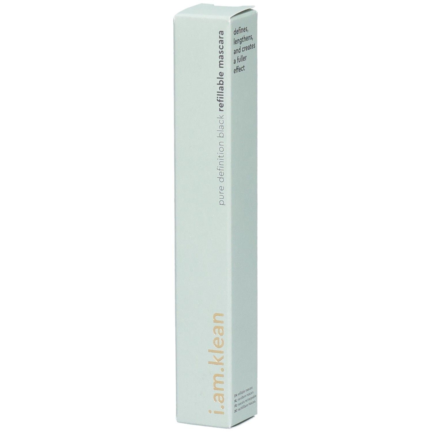 Emballage de mascara noir rechargeable. Texte : i.am.klean, pure definition black, refillable mascara. Définit, allonge et crée un effet plus fourni.
