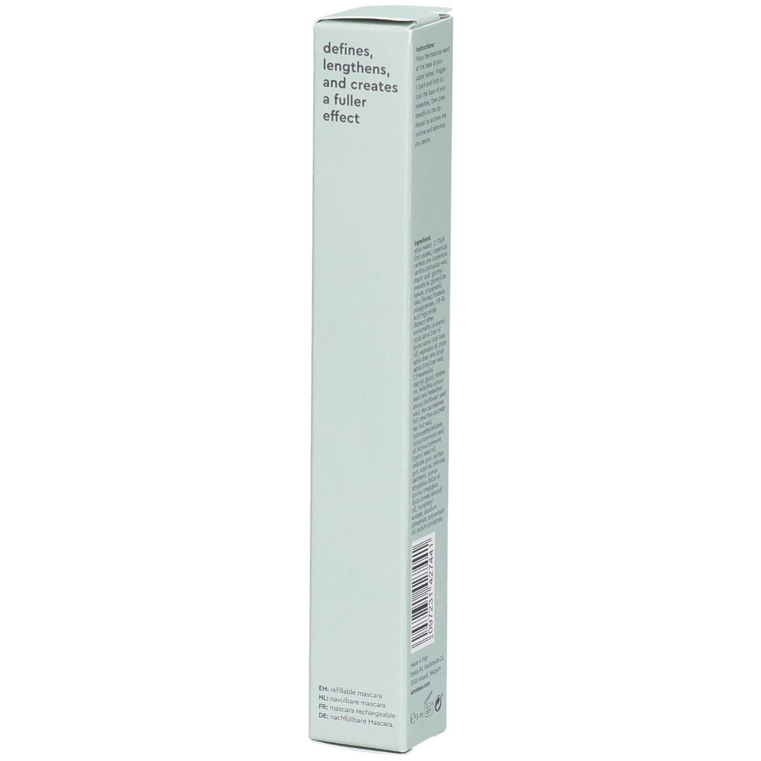 Emballage de mascara. Texte : Définit, allonge et crée un effet plus fourni. Pure definition black, refillable mascara. Code-barres.