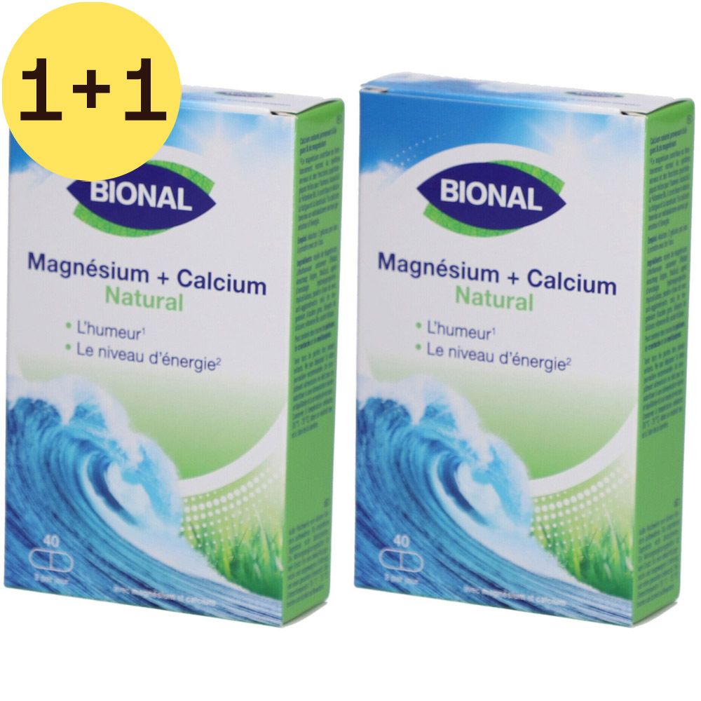 Deux boîtes de Bional Magnésium + Calcium. Inscription: Natural, L'humeur, Le niveau d'énergie. Cercle jaune avec 1+1. 40 comprimés.
