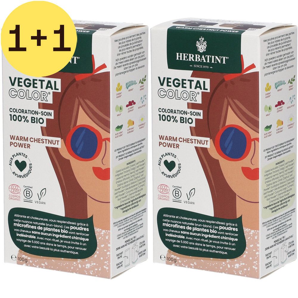Deux boîtes de Herbatint Vegetal Color, Warm Chestnut Power. Mention 1+1 gratuit. Coloration bio aux extraits végétaux.