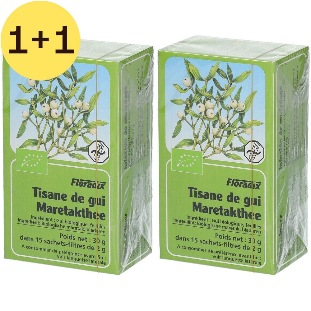 Twee groene dozen met maretakken. Tekst: Floradix Tisane de gui Maretakthee. Sticker 1+1 GRATUIT.