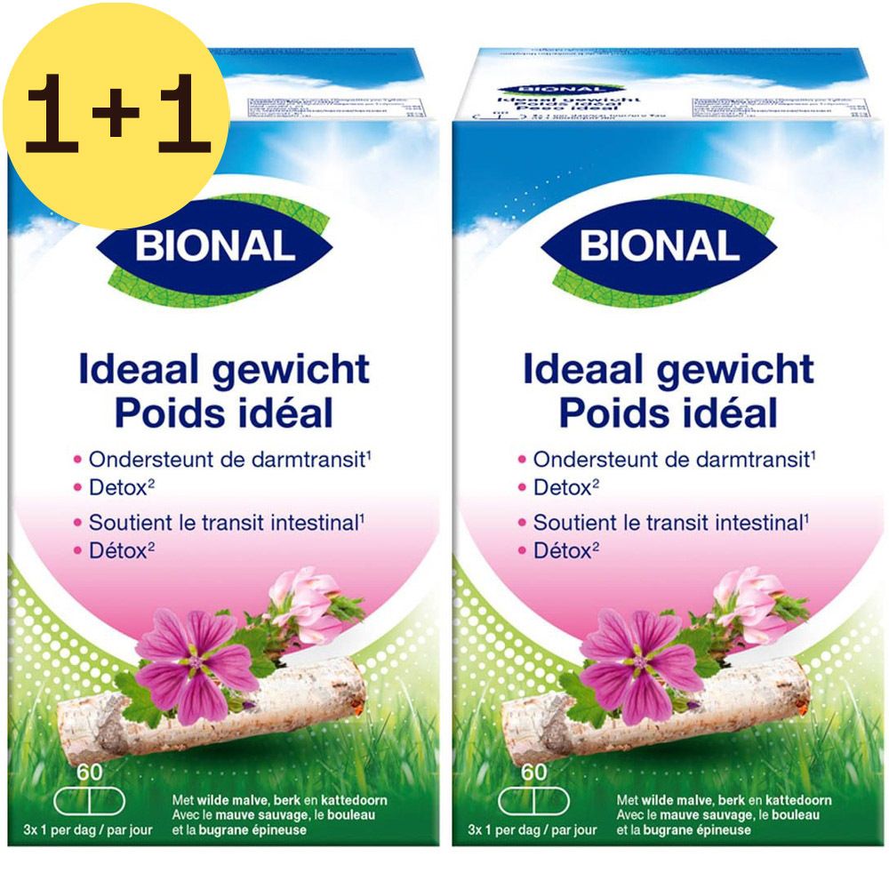 Deux boîtes de Bional 'Ideaal gewicht Poids idéal'. Avec mention 1+1 gratuit. Contient 60 gélules. Décor floral et végétal.