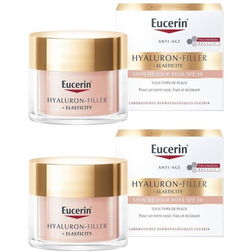 Deux pots et emballages. Inscription: Eucerin Hyaluron-Filler + Elasticity, Soin de Jour Rosé SPF 30. Crème rose, couvercle doré.