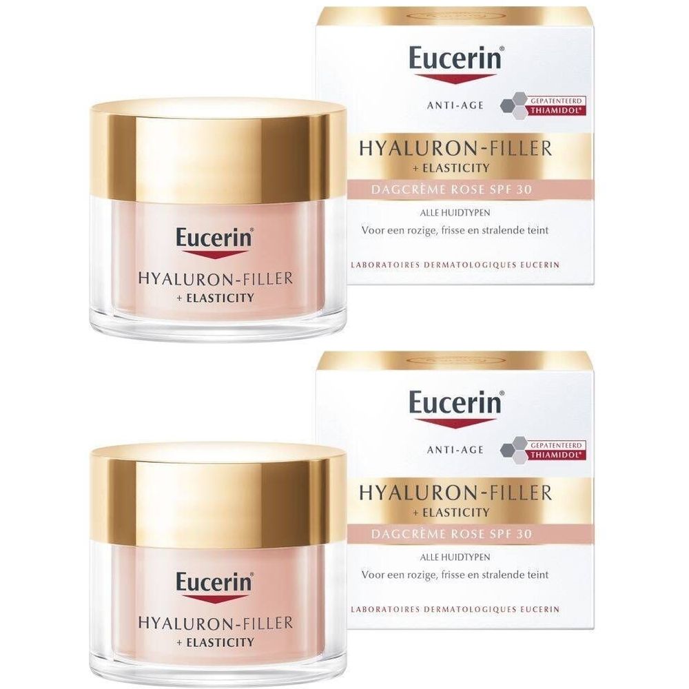 Twee potjes en verpakkingen. Opschrift: Eucerin Hyaluron-Filler + Elasticity, Dagcrème Rose SPF 30. Roze crème, gouden deksel.