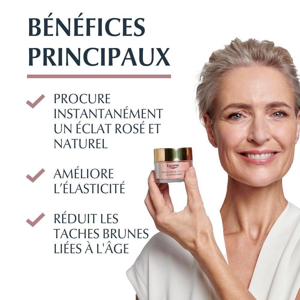 Femme tenant Eucerin Hyaluron-Filler + Elasticity Soin de Jour Rosé SPF 30. Bénéfices: éclat rosé, élasticité, réduit taches brunes.