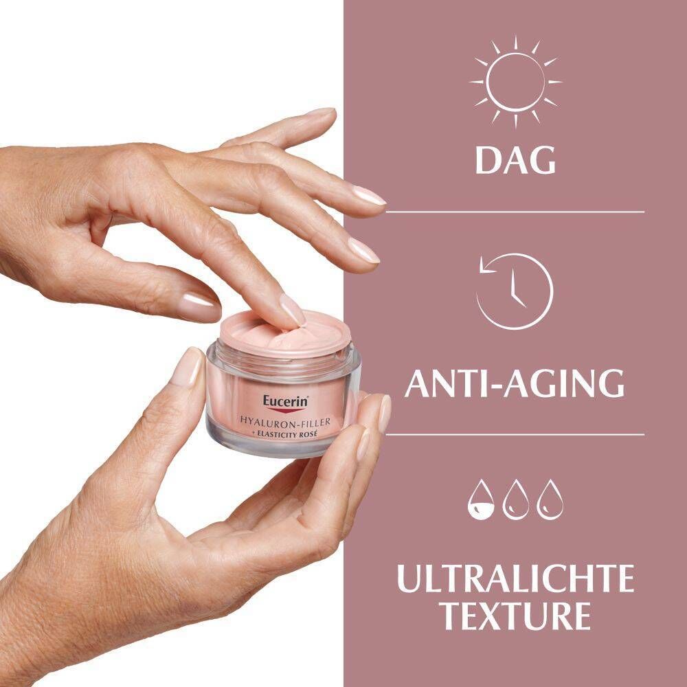 Handen openen Eucerin Hyaluron-Filler + Elasticity Dagcrème Rosé SPF 30. Iconen dag, anti-aging, ultralichte textuur.
