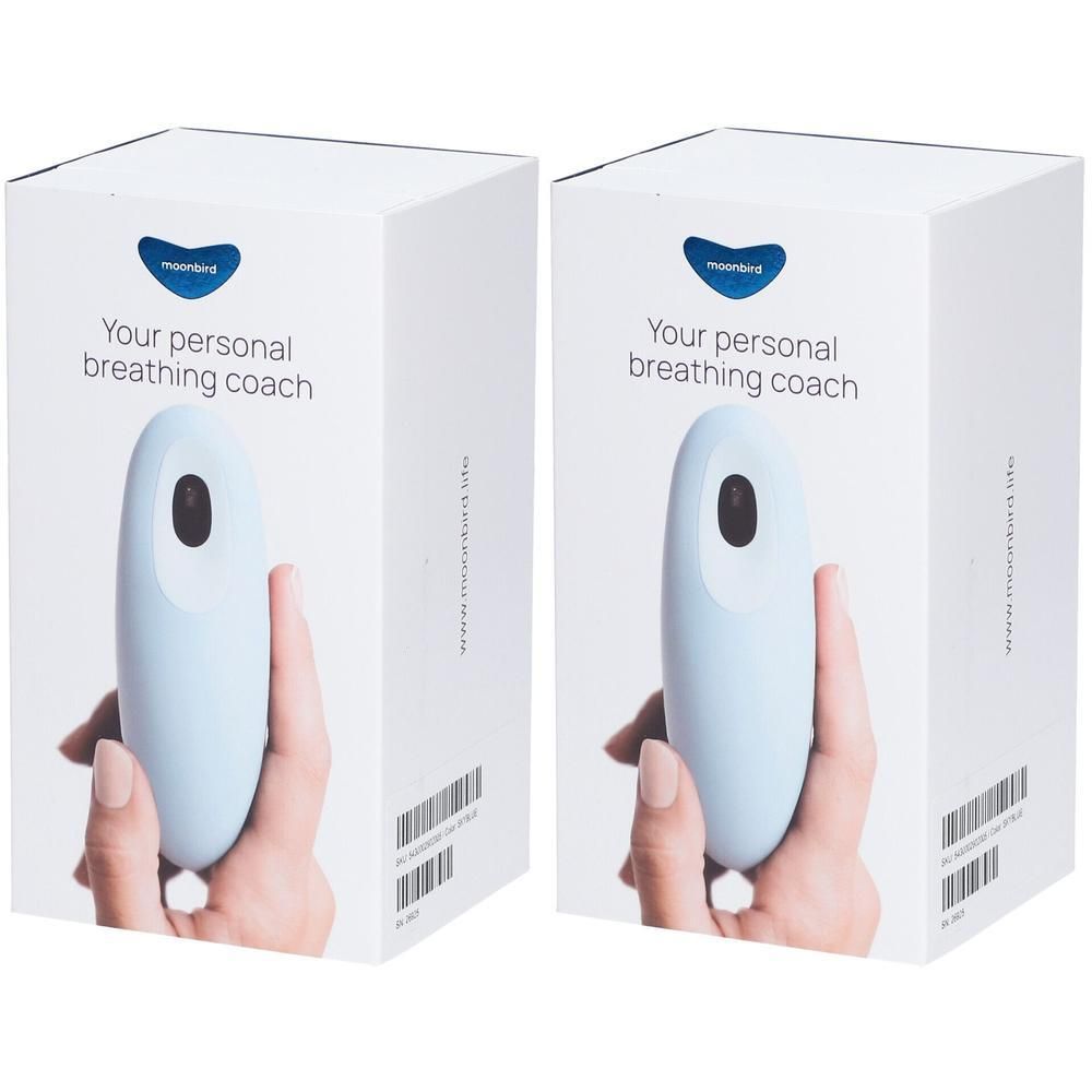 Deux boîtes blanches avec un appareil bleu clair. Inscription : Your personal breathing coach. Logo : Moonbird.