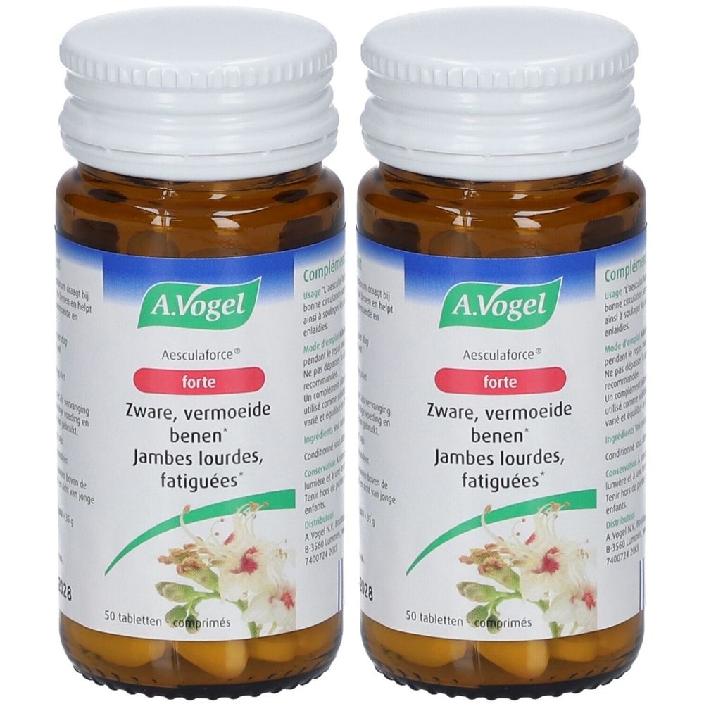 Deux flacons A.Vogel Aesculaforce Forte. Flacons en verre brun avec couvercles blancs. Inscription: Zware, vermoeide benen, Jambes lourdes, fatiguées.
