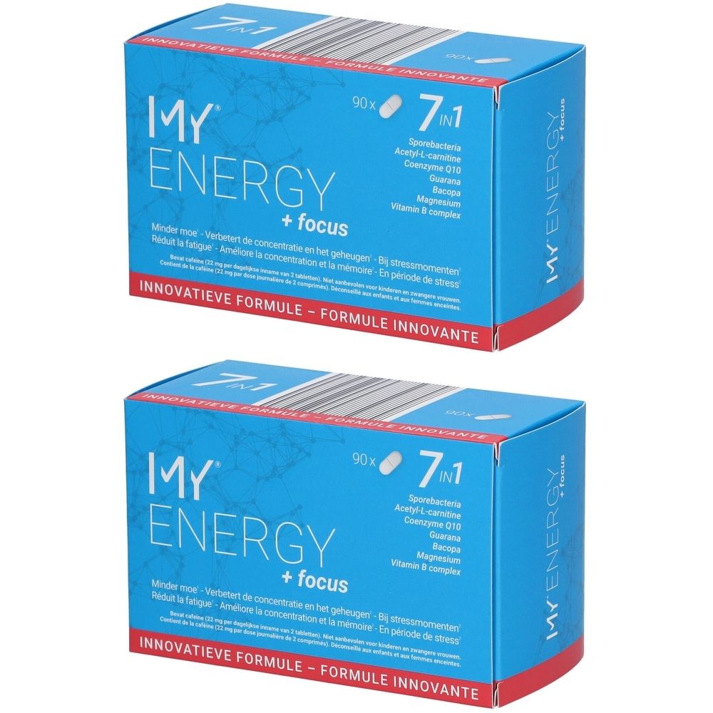 Deux boîtes bleues avec "MY ENERGY + focus". Contient 90 comprimés et 7 en 1 ingrédients. Design de formule innovante.