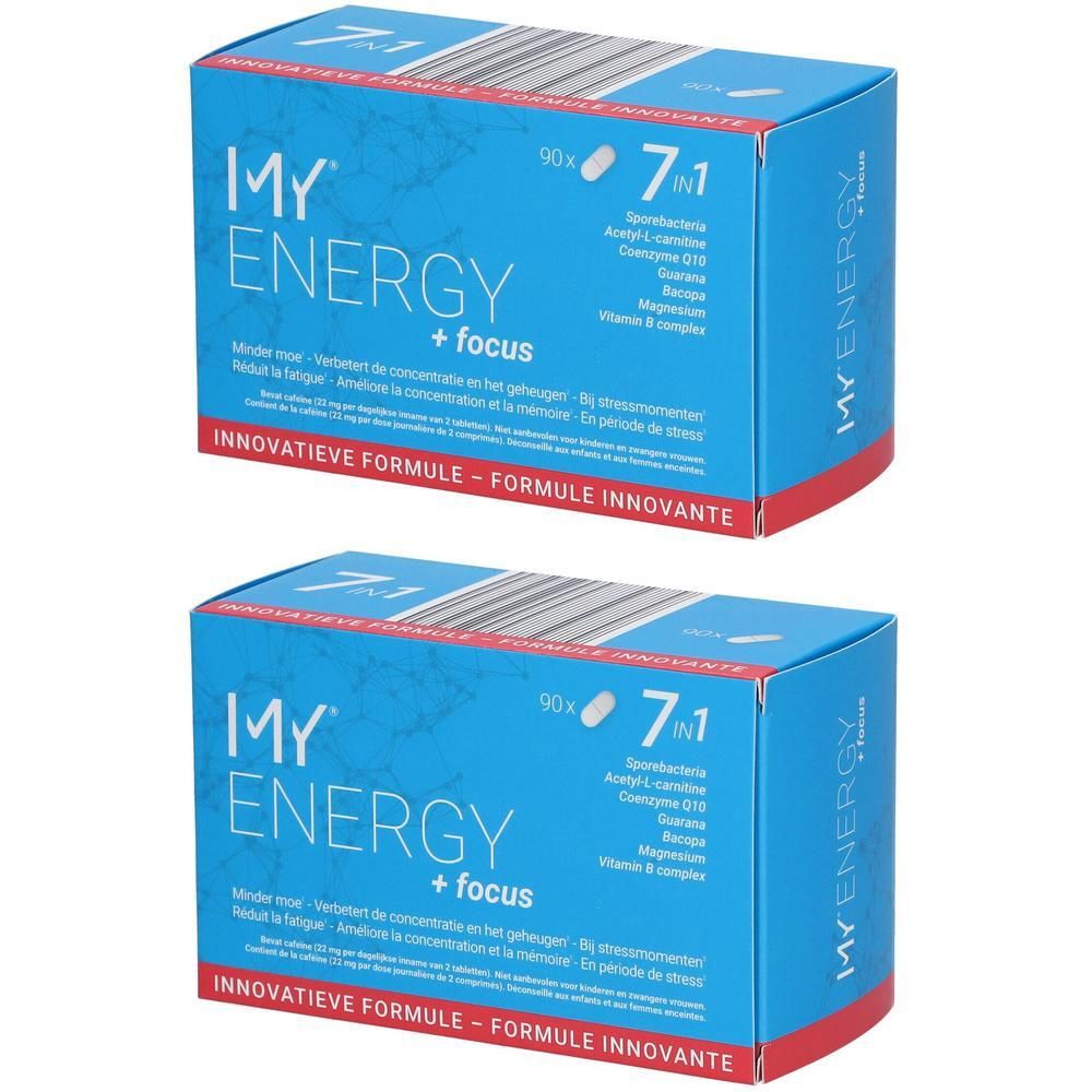 Twee blauwe dozen met "MY ENERGY + focus" logo en 7-in-1 formule. Bevat 90 tabletten. Opschrift in meerdere talen.