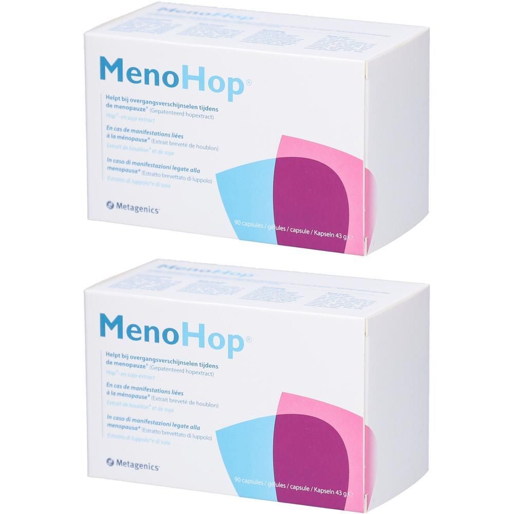 Deux boîtes blanches MenoHop avec texte néerlandais. Logo Metagenics en bas à gauche.