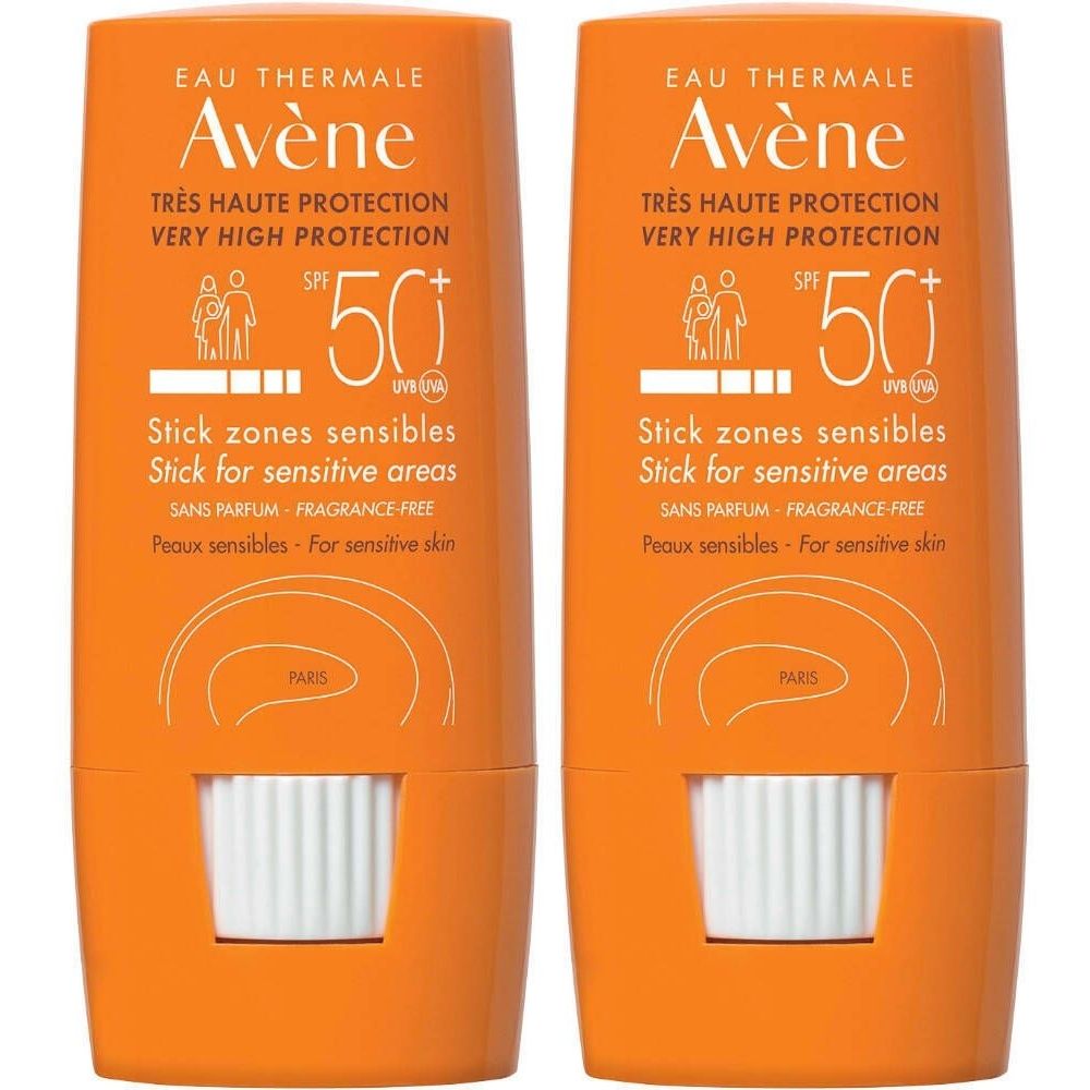 Twee oranje sticks. Opschrift: Avène, Très Haute Protection SPF 50+. Voor gevoelige zones en huid.