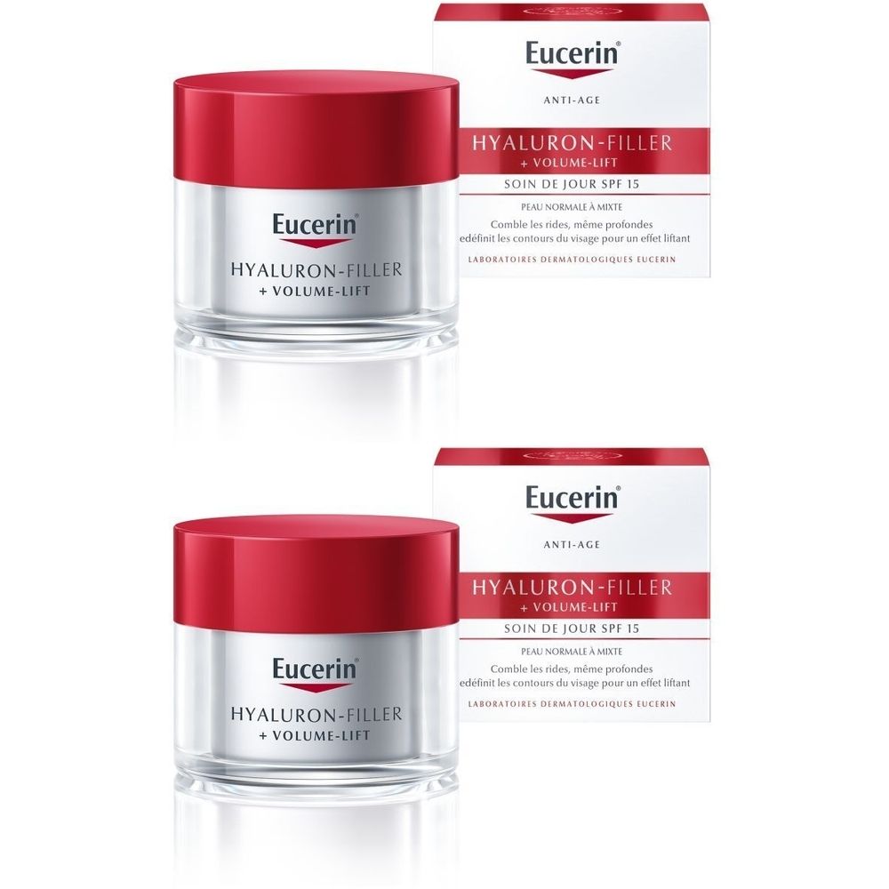Deux pots avec couvercles rouges et deux boîtes. Inscription: Eucerin Hyaluron-Filler + Volume-Lift Soin de Jour SPF15.
