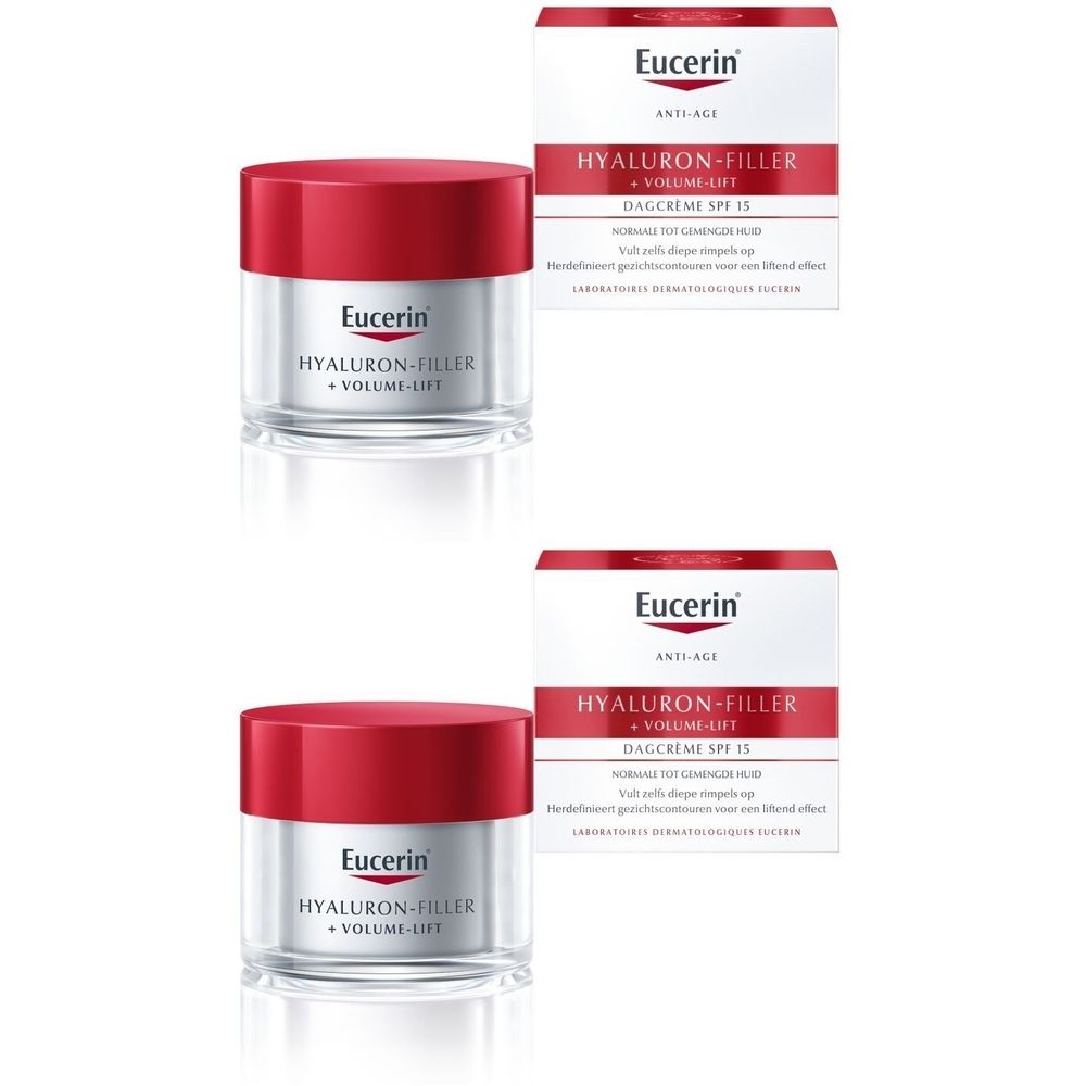 Twee potjes met rode deksels en twee dozen. Opschrift: Eucerin Hyaluron-Filler + Volume-Lift Dagcrème SPF15.