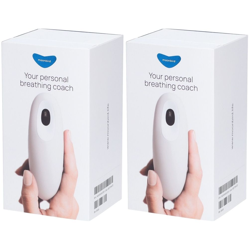 Deux boîtes blanches. Sur chacune, l'inscription : Your personal breathing coach. Un appareil est tenu dans une main.