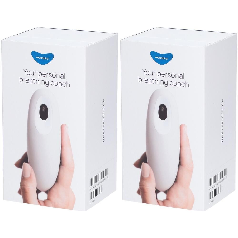 Deux appareils blancs dans des boîtes. Inscription : Your personal breathing coach. Logo : Moonbird.