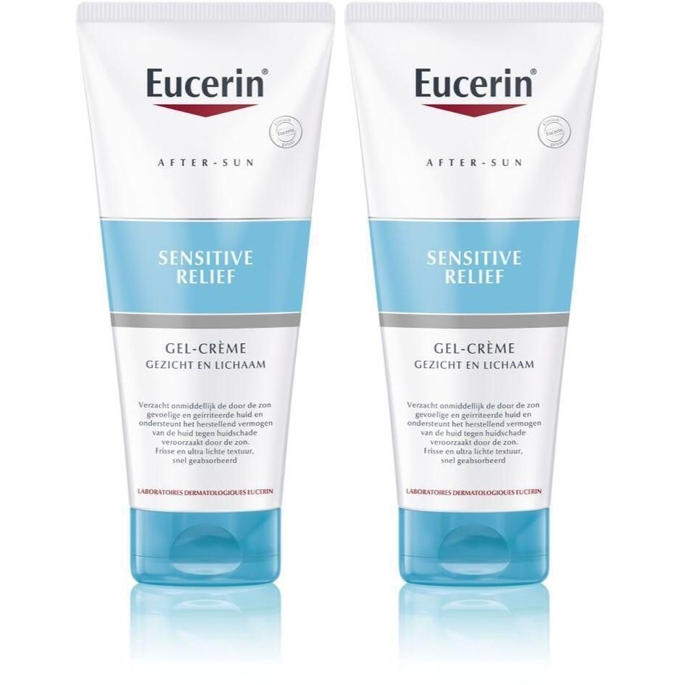 Twee tubes Eucerin After-Sun Sensitive Relief Gel-Crème. Wit, blauw en rood. Tekst: Sensitive Relief, Gezicht en Lichaam.