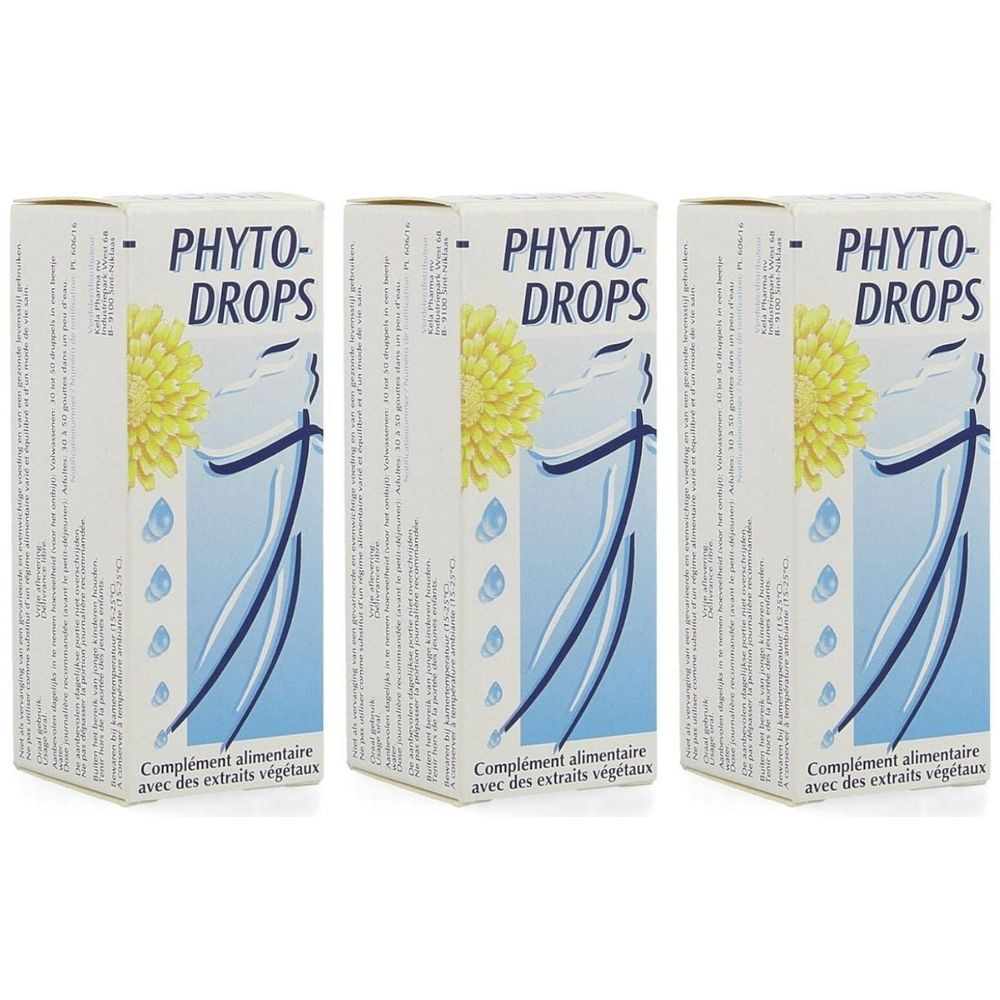 Drie dozen met "PHYTO-DROPS". Elke doos heeft een geel bloemmotief en blauwe druppels.