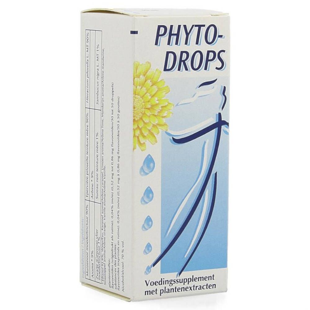 Une boîte avec l'inscription "- PHYTO-DROPS". Emballage blanc avec motif floral et éléments bleus. Texte en néerlandais.