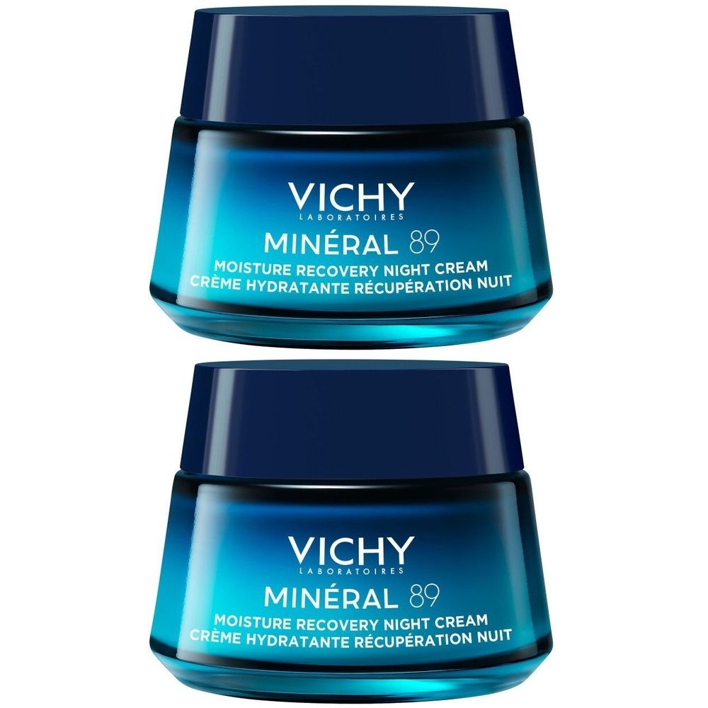 Deux pots de crème bleu-turquoise. Inscription : VICHY, MINÉRAL 89, MOISTURE RECOVERY NIGHT CREAM, CRÈME HYDRATANTE RÉCUPÉRATION NUIT.
