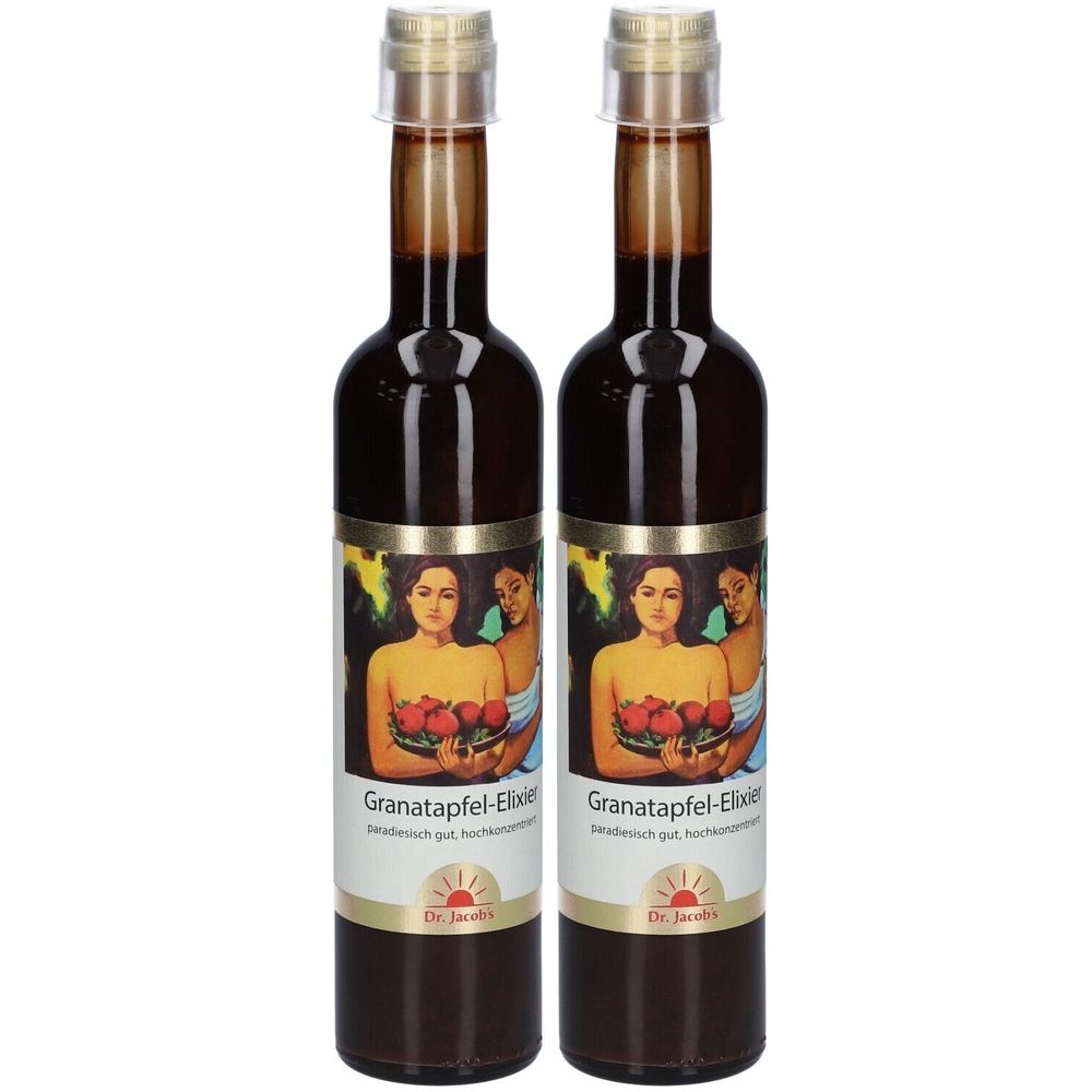 Deux bouteilles d'élixir de grenade. Liquide brun dans des bouteilles en verre avec des bouchons dorés. Étiquette avec des femmes et des grenades.