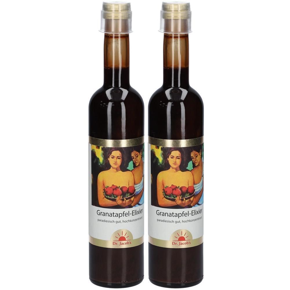 Twee flessen Dr. Jacob's Granaatappel-Elixer. Etiket met vrouwen en granaatappels. Gouden dop.