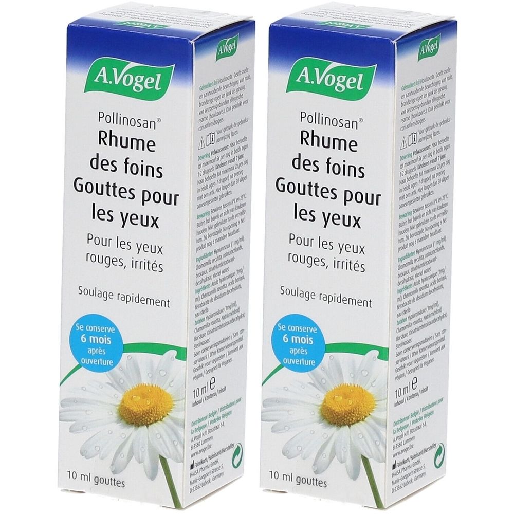 Deux boîtes de gouttes pour les yeux. Inscription: A. Vogel Pollinosan Rhume des foins Gouttes pour les yeux. Pour yeux rouges, irrités. 10 ml.