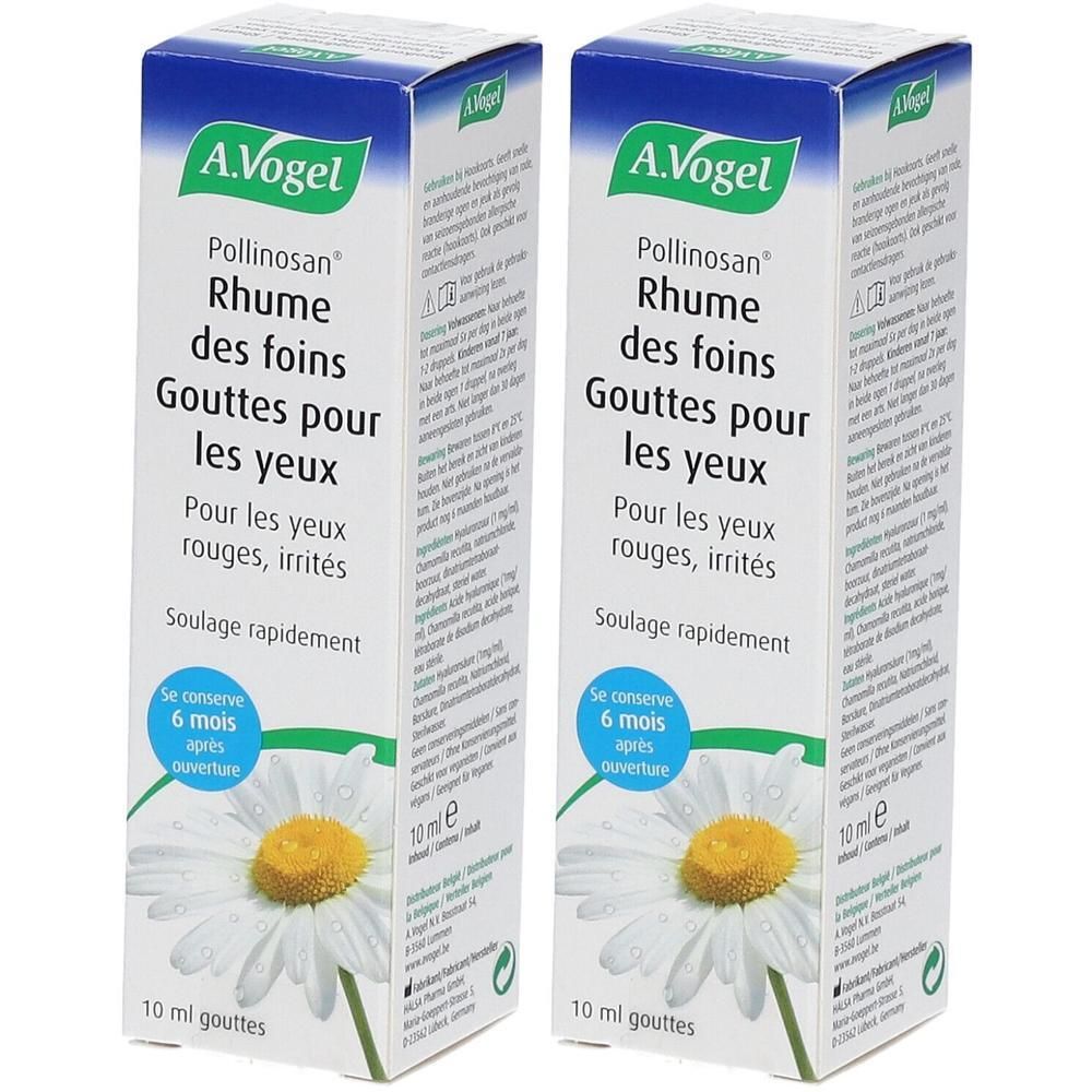 Deux boîtes de A.Vogel Pollinosan Rhume des foins Gouttes. Emballage bleu, nom du produit et fleur de camomille.
