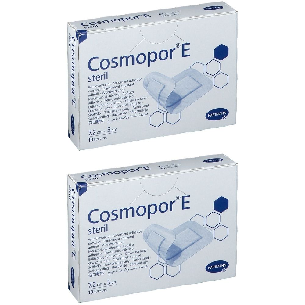 Twee dozen Cosmopor E, steriele verbanden. Elke doos toont een productafbeelding en de afmeting 7,2 x 5 cm. Merk: Hartmann.