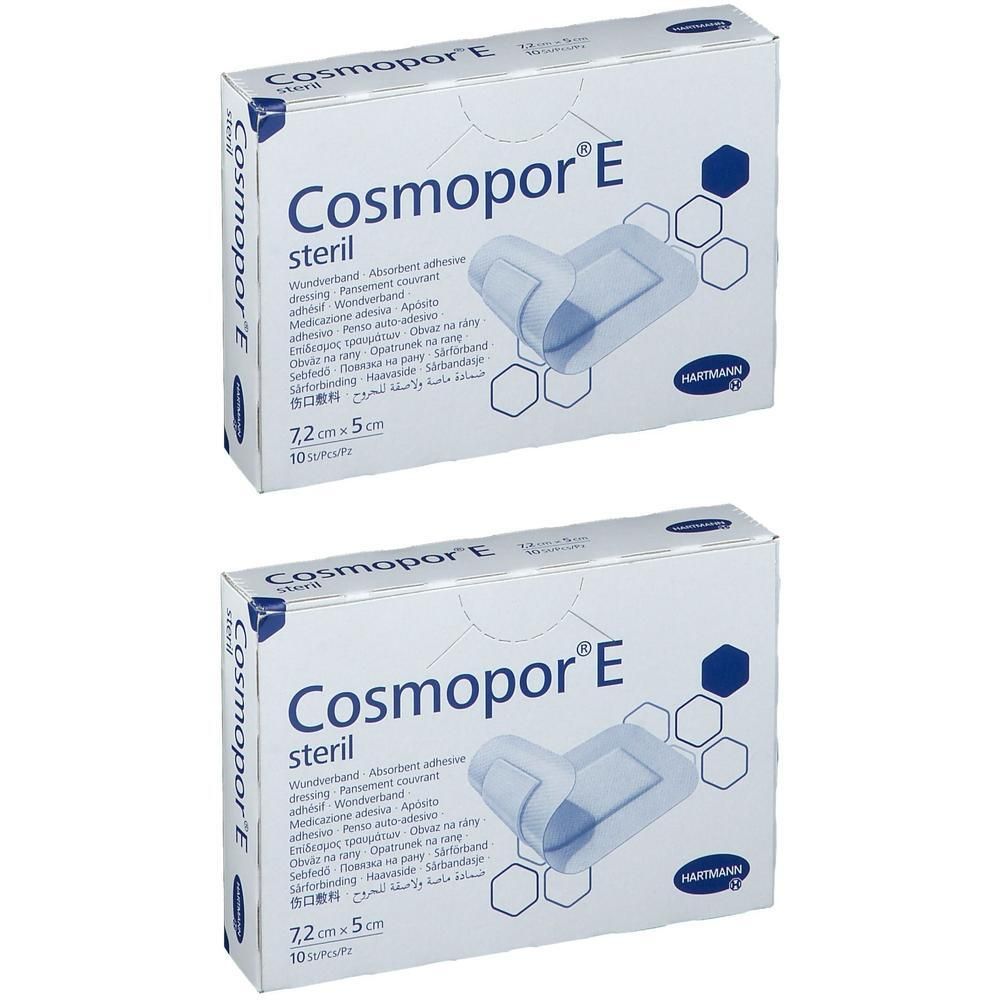 Twee verpakkingen Cosmopor® E steriel, 7,2 x 5 cm. Witte dozen met blauwe tekst en productafbeelding.