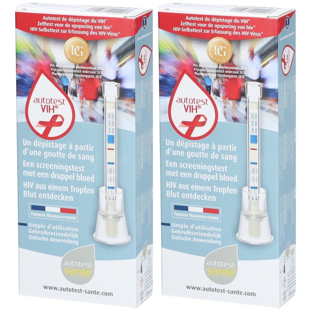Deux boîtes d'Autotest VIH. Inscriptions en français, allemand et néerlandais. Bandelette de test avec repères colorés.